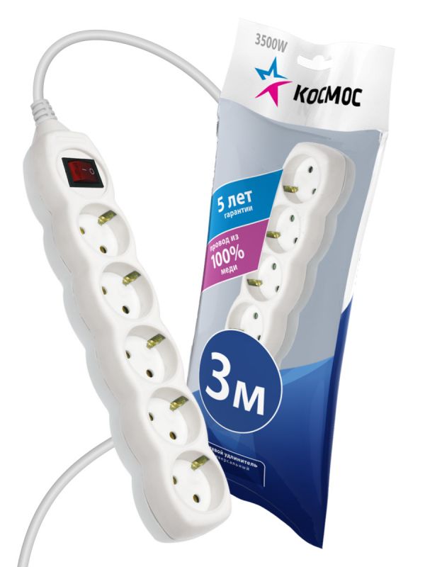 Удлинитель 3м, 5гн. земля, выключатель ПВС 1мм2