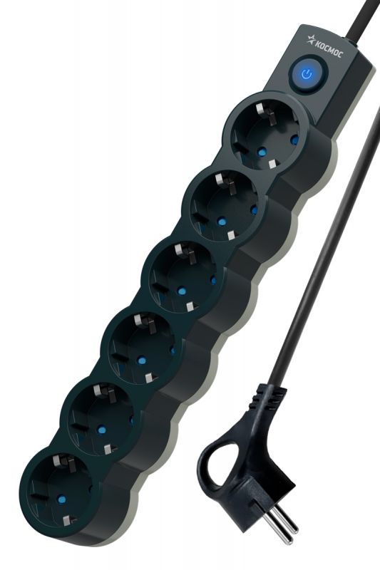 Удлинитель 3м, ПВС 3х0.75 6 гнезд, заземление, выключатель 10А черный