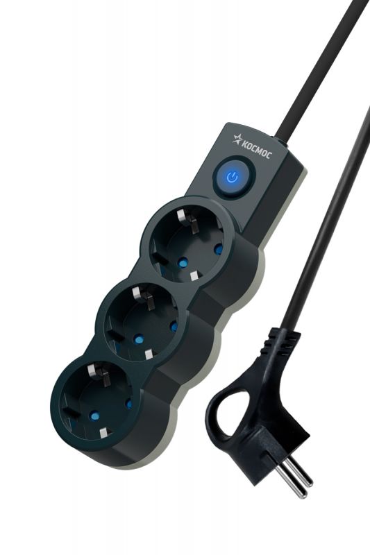 Удлинитель 5м, ПВС 3х0.75 3 гнезда, заземление, выключатель 10А черный