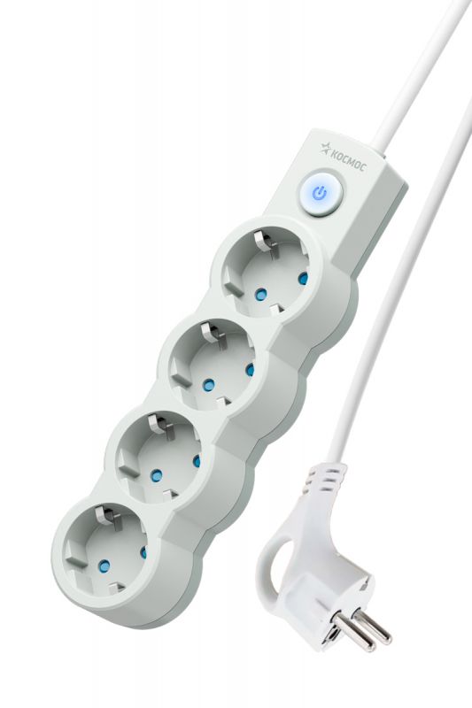 Удлинитель 5м, ПВС 3х0.75 4 гнезда, заземление, выключатель 10А белый