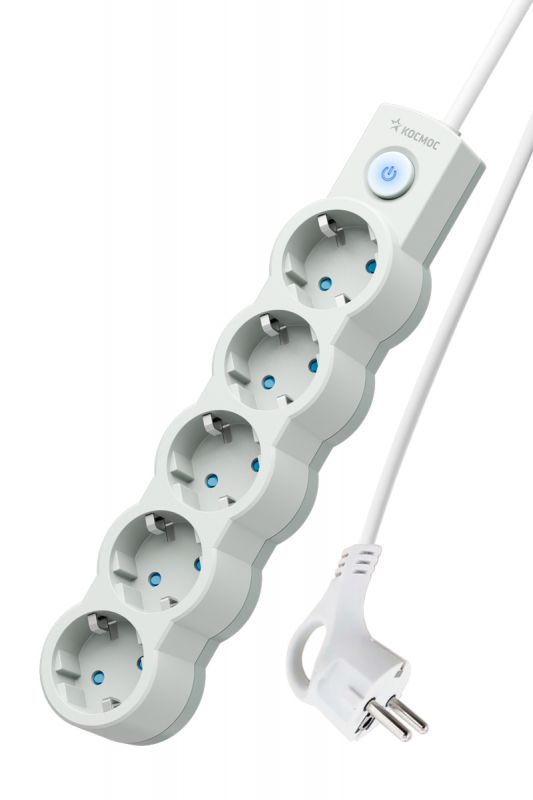 Удлинитель 5м, ПВС 3х0.75 5 гнезд, заземление, выключатель 10А белый