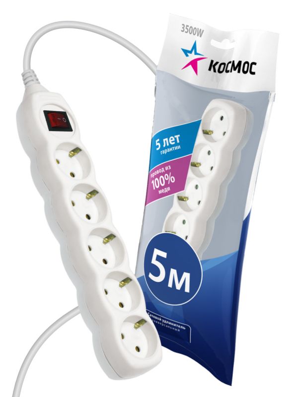 Удлинитель 5м, 5 гнезд земля, выключатель ПВС 1мм2