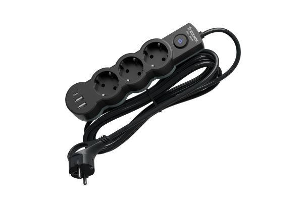 Удлинитель 5м. ПВС 3х1. 3 гнезда. зазем.. выкл. USB. 10А 2800Вт. черный