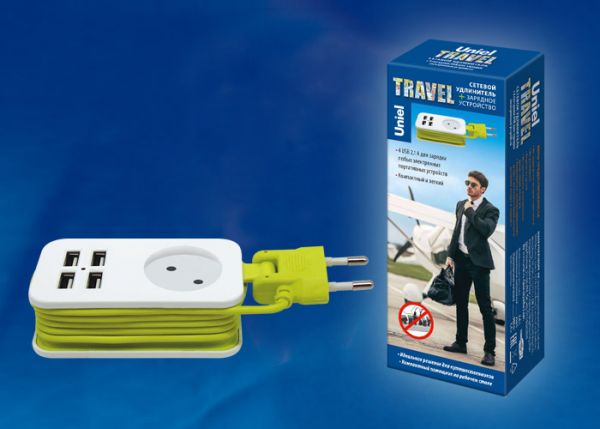 Удлинитель серии Travel, шнур 1,5м., 1 гнездо, 10A, б/з, 4USB(2,1A). Белый с салатовым  S-CT1-1,5U WHITE/GREEN
