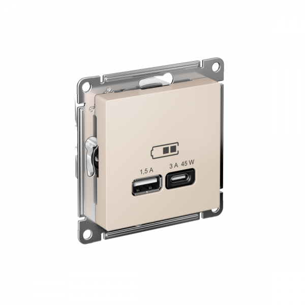 ATLASDESIGN USB РОЗЕТКА A + тип-C 45W высокоскор.заряд. QC,PD, механизм, БЕЖЕВЫЙ