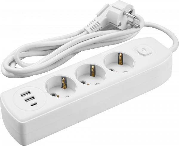 Удлинитель бытовой OPE-USB-03-180-ESC-3x1 с заземлением с выключателем 3 розетки 1,8м ПВС 3х1 2500Вт 2USB-A+USB-C, 2,4А