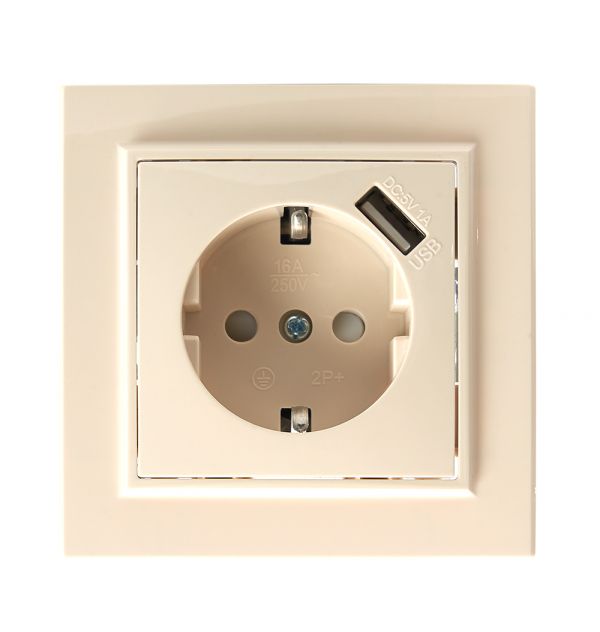 Розетка одноместная с/з с защитной шторкой и с USB, серия Эрна, слоновая кость, Stekker