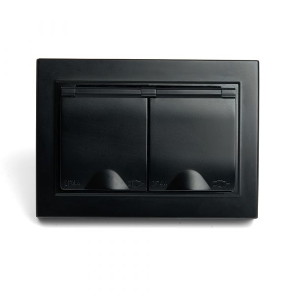 Розетка двухместная с/з с крышкой, 250В, 16А серия Эрна, черный Stekker