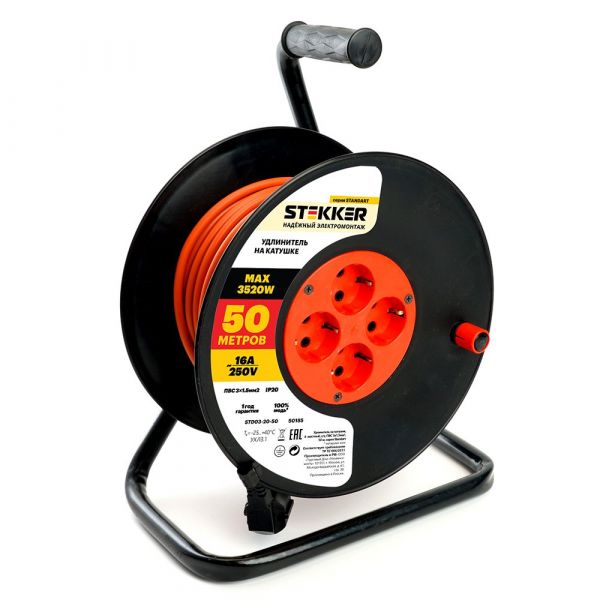 Удлинитель на катушке Standart 4-местный с/з ПВС 3*1.5 16А IP20 50м 29406 STD03-20-50