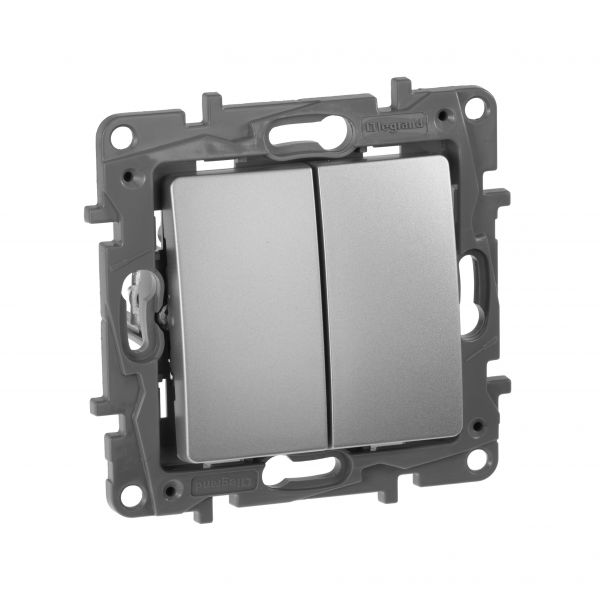 Выключатель 2-клавишный 10А безвинтовое крепление алюминий ETIKA