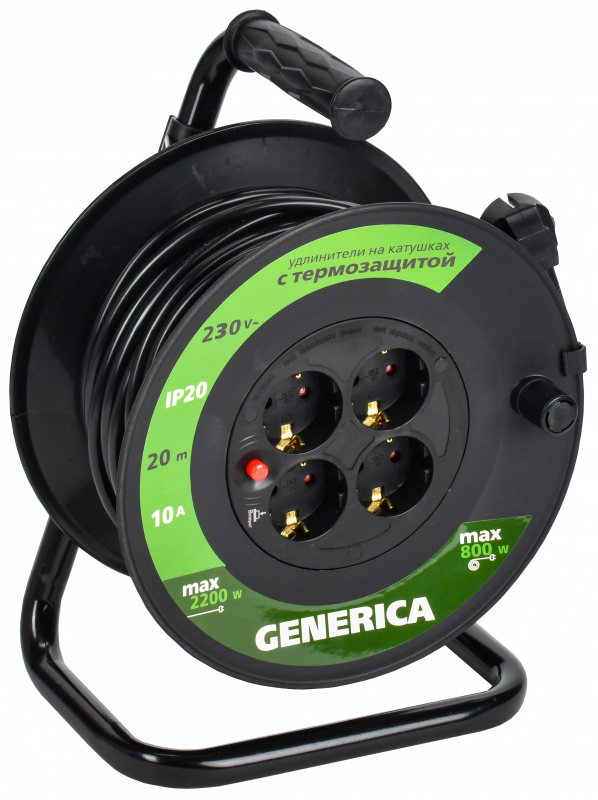 Удлинитель силовой УК20 с термозащитой 4 места 2P+PE/20м 3х1.0мм2 GENERICA