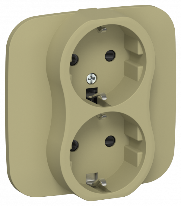 FLITE Розетка 2-местная с заземлением с защитными шторками безвинтовое крепление 16А в сборе РСш12-1-А-ФлО оливковый IEK