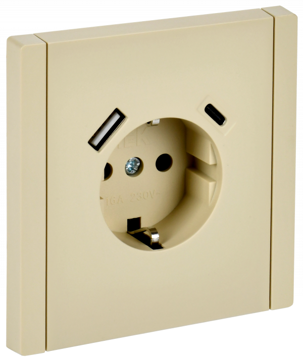 FORTE&PIANO Розетка 1-местная с заземлением с защитными шторками винтовое крепление 16А USB A+C 18Вт FP447 ваниль IEK