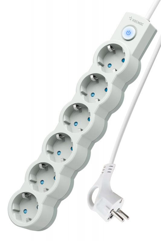 Удлинитель 3м, ПВС 3х0.75 6 гнезд, заземление, выключатель 10А белый