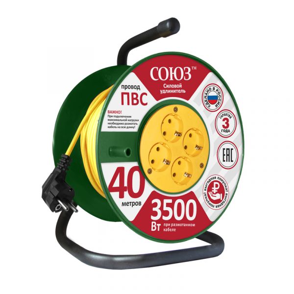 Удлинитель Союз силовой на катушке с 4 гнезда 3500 Вт с заземлением 40м