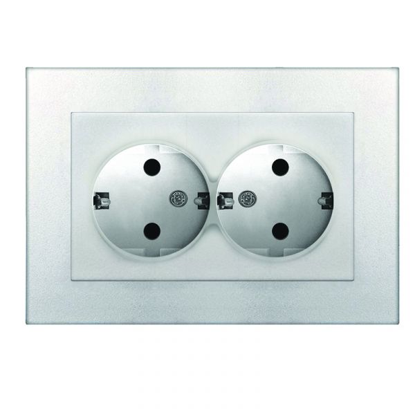 Розетка двухместная UNIVersal серия Афина с/з, с/у, 16А, 220В, серебро (еврослот), механизм