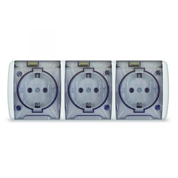 Клио розетка наружная трехместная с прозрачной крышкой IP54, с/з, о/у, 16А, 220В, белая