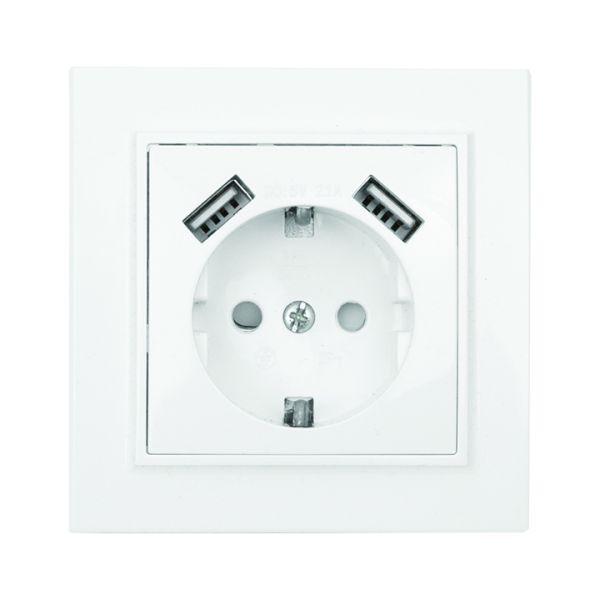 Розетка Минск 1-местная СП с заземлением 16А белая с защитными шторками с 2 USB 2,1А