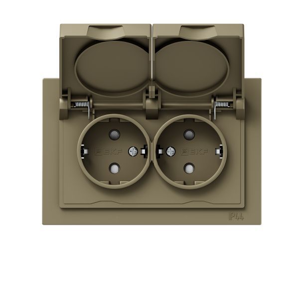 Механизм розетки двойной  16А  IP44  с заземлением  со шторками  с рамкой  с крышками  шампань Эпика EKF