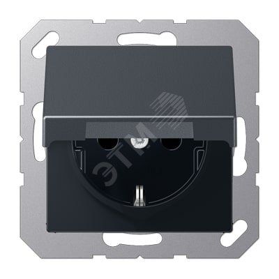 Штепсельная розетка SCHUKO одинарная, с заземлением, с крышкой, с шторками, 16A, 250В  (механизм + накладка, без рамки). Серия A500  Материал- термопласт  Цвет- матовый антрацит