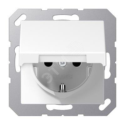 Штепсельная розетка SCHUKO одинарная, с заземлением, с крышкой, без шторок, 16A, 250В  (механизм + накладка, без рамки). Серия A500  Материал- термопласт  Цвет- белый