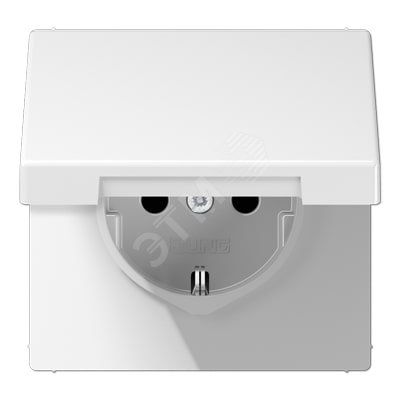 Штепсельная розетка SCHUKO одинарная, с заземлением, с шторками, с откидной крышкой, 16A, 250В  (механизм + накладка, без рамки). Серия LS990  Материал- дуропласт  Цвет- белый