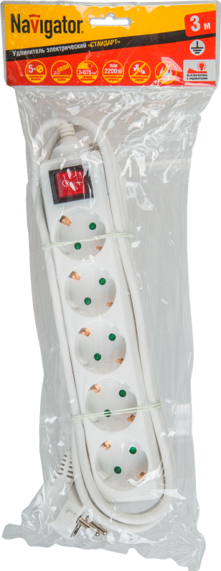 Удлинитель бытовой с выключателем 5 розеток шнур 5м с заземлением