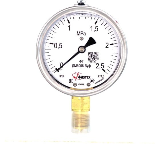 Манометр виброустойчивый Физтех ДМ8008-ВУф 0-2,5 МПа кт.1,0 d.100 IP54 M20x1,5 РШ, Силикон 4687205455048