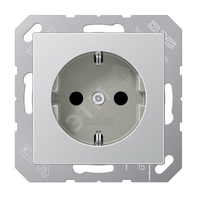 Штепсельная розетка SCHUKO одинарная, с заземлением, без шторок, 16A, 250В  (механизм + накладка, без рамки). Серия A500  Материал- дуропласт  Цвет- алюминий