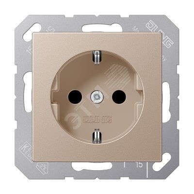 Штепсельная розетка SCHUKO одинарная, с заземлением, без шторок, 16A, 250В  (механизм + накладка, без рамки). Серия A500  Материал- дуропласт  Цвет- шампань