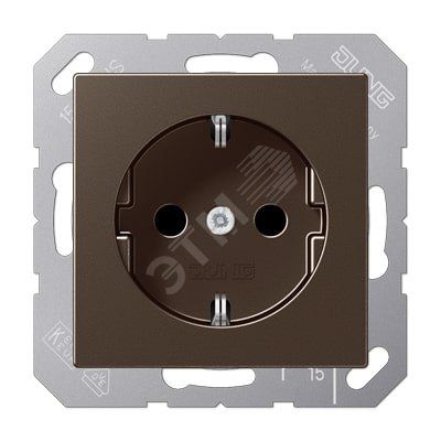 Штепсельная розетка SCHUKO одинарная, с заземлением, с шторками, 16A, 250В  (механизм + накладка, без рамки). Серия A500  Материал- дуропласт  Цвет- мокко