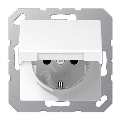 Штепсельная розетка SCHUKO одинарная, с заземлением, с крышкой, без шторок, 16A, 250В  (механизм + накладка, без рамки). Серия A500  Материал- дуропласт  Цвет- белый