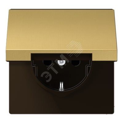 Штепсельная розетка SCHUKO одинарная, с заземлением, с откидной крышкой, 16A, 250В  (механизм + накладка, без рамки). Серия LS990  Материал- металл  Цвет- классическая латунь
