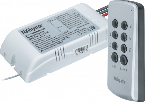Выключатель дистанционный с пультом, 6 каналов, 6х1000 Вт NRC-SW01-1V1-6