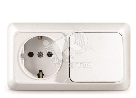Блок выключатель одноклавишный + розетка с заземлением Олимп горизонтальный белый