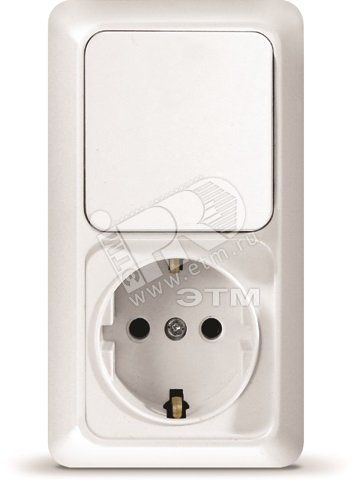 Блок выключатель одноклавишный + розетка с заземлением Олимп вертикальный белый