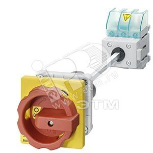 Выключатель главный аварийный 4п IU=16 P/AC-23A при 400V=7.5KW нижнего крепления на монтажную рейку или крепление двумя отверстиями поворотный привод желто-красный