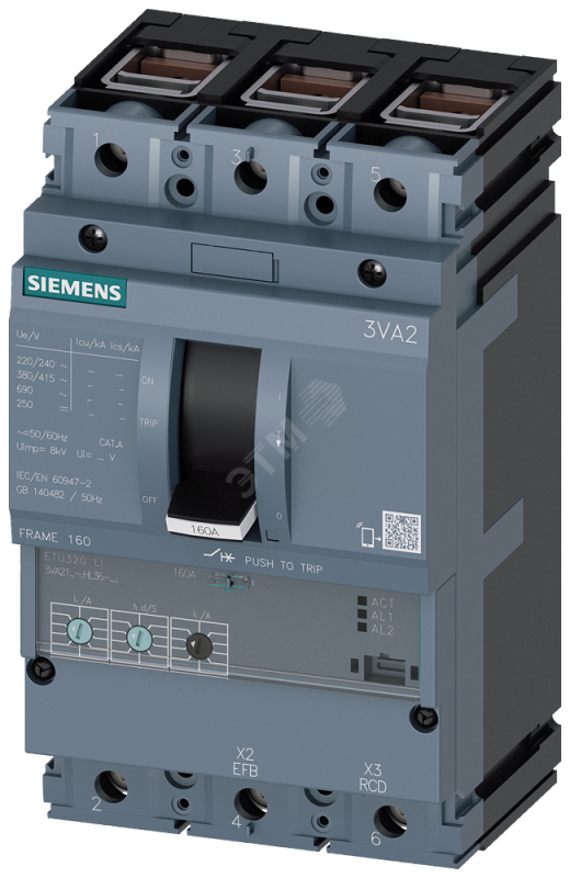 Выключатель в литом корпусе 3VA2 IEC типоразмер 160 класс отключающей способности M ICU=55кА 415В 3P ETU320 LI IN=160A