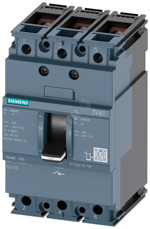 РАЗЪЕДИНИТЕЛЬ НАГРУЗКИ 3VA1 IEC ТИПОРАЗМЕР 160 3-ПОЛЮС. SD100, IN=63A БЕЗ ЗАЩИТЫ ОТ ПЕРЕГРУЗКИ БЕЗ ЗАЩИТЫ ОТ ТОКА КЗ ШИННОЕ ПРИСОЕДИНЕНИЕ 2 ДОП. КОНТАКТ HQ 1 АВАРИЙНЫЙ КОНТАКТ СРАБАТЫВАНИЯ HQ