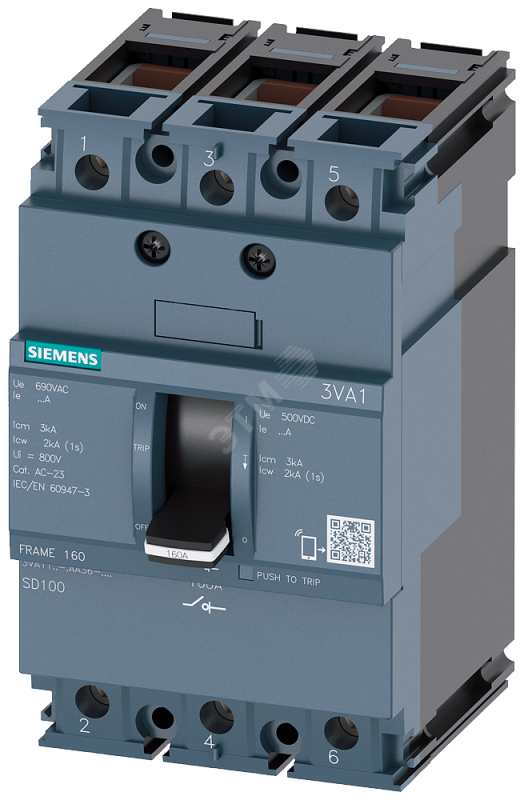 РАЗЪЕДИНИТЕЛЬ НАГРУЗКИ 3VA1 IEC ТИПОРАЗМЕР 160 3-ПОЛЮС. SD100, IN=125A БЕЗ ЗАЩИТЫ ОТ ПЕРЕГРУЗКИ БЕЗ ЗАЩИТЫ ОТ ТОКА КЗ ПРИСОЕДИНЕНИЕ КАБЕЛЕМ 4 ДОП. КОНТАКТ HQ