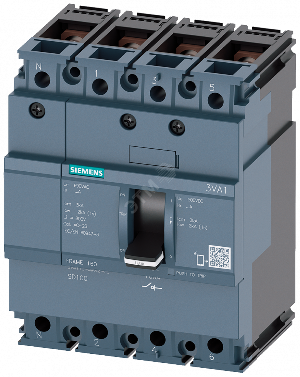РАЗЪЕДИНИТЕЛЬ НАГРУЗКИ 3VA1 IEC ТИПОРАЗМЕР 160 4-ПОЛЮС. SD100, IN=63A БЕЗ ЗАЩИТЫ ОТ ПЕРЕГРУЗКИ БЕЗ ЗАЩИТЫ ОТ ТОКА КЗ ШИННОЕ ПРИСОЕДИНЕНИЕ МИНИМАЛЬНЫЙ РАСЦЕПИТЕЛЬ (UVR) 24 В ПОСТ. ТОКА